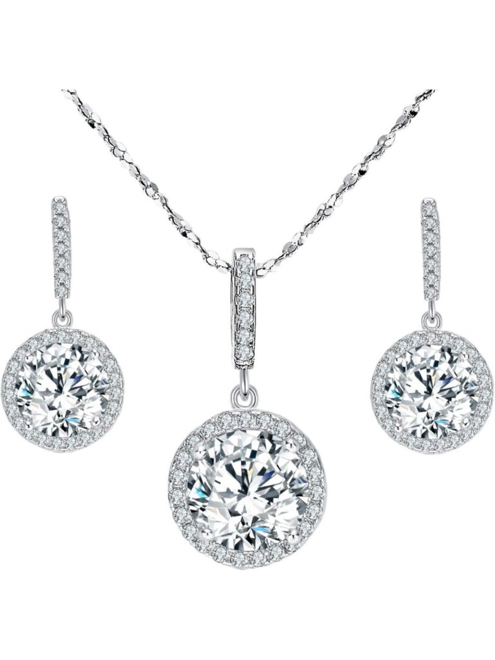 Gorgeous 925 Sterling Silver CZ Round Cut Wedding Pendant Necklace & Earrings